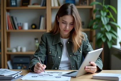 Jeune femme étudie un PDF avec schémas de voiture