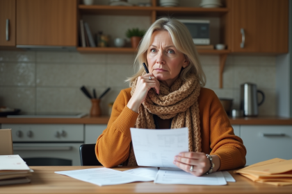 Femme française tenant son certificat d'immatriculation à la cuisine