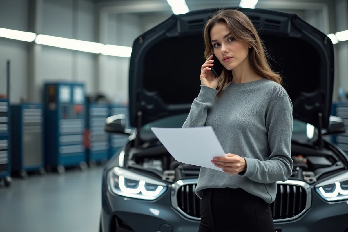 Femme vérifiant sa BMW dans un garage auto