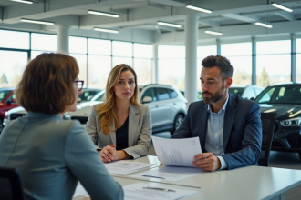 Femme confiante et homme discutant assurance auto au bureau