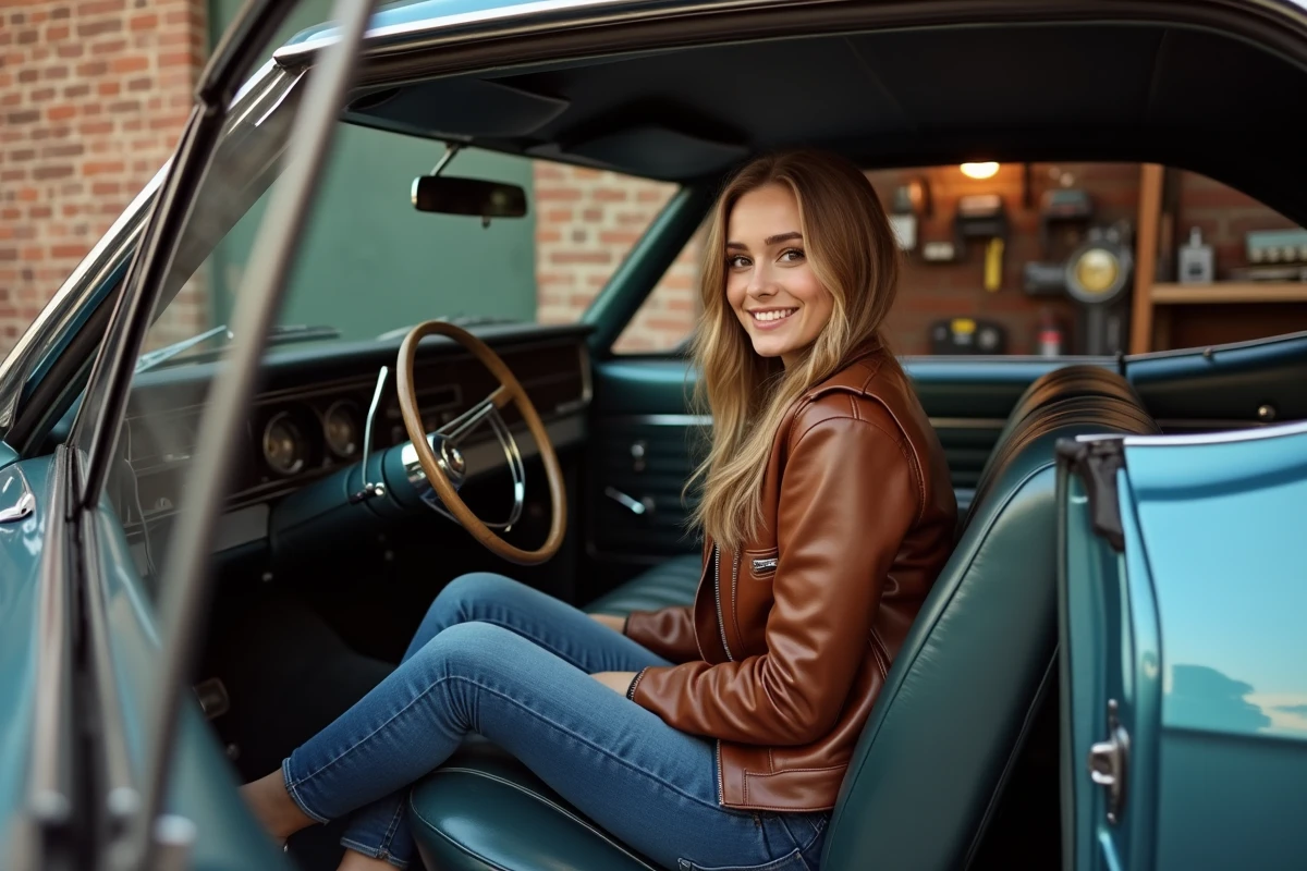 Jeune femme dans l Impala devant un atelier vintage