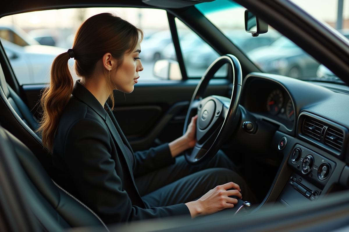 Jeune femme inspectant le tableau de bord d