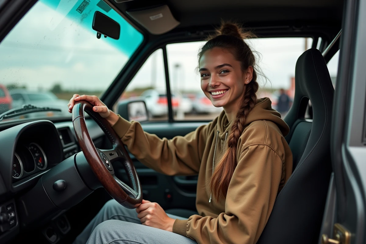 Jeune femme examine l’intérieur d’une voiture de rallye d’occasion