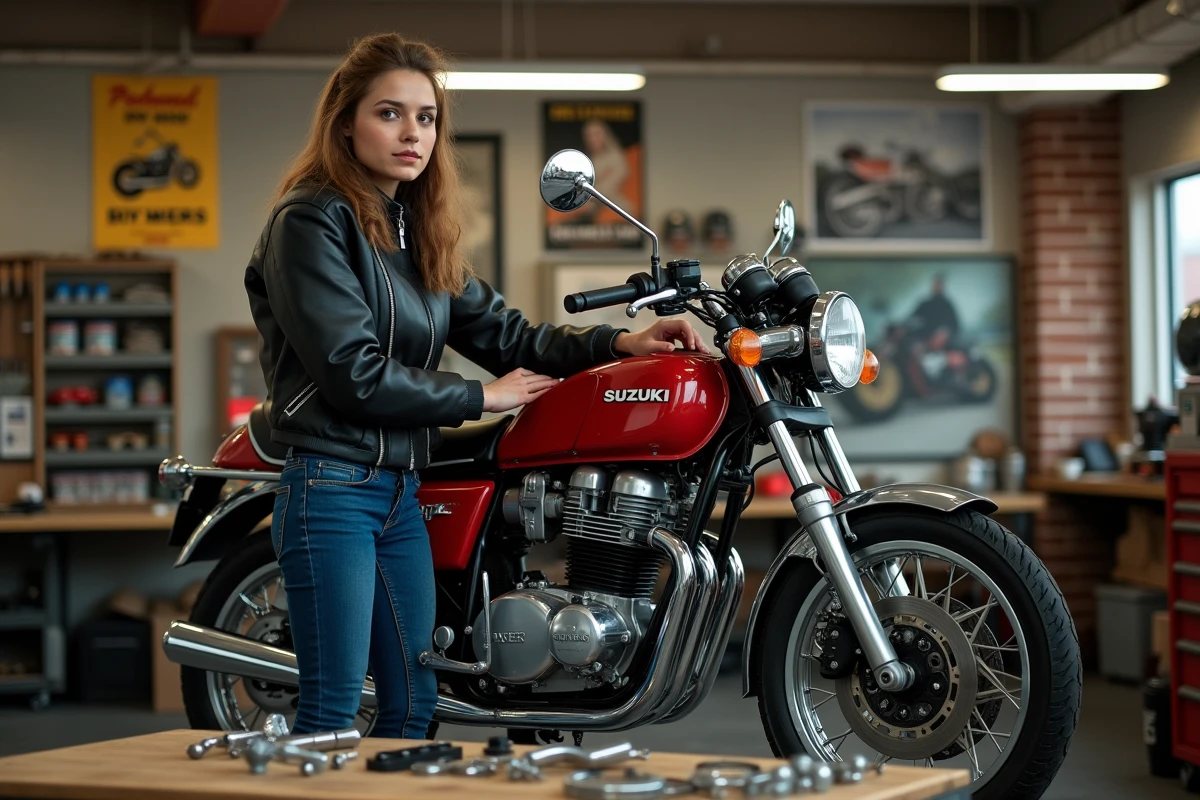 Jeune femme près d une Suzuki 750 GT dans un atelier