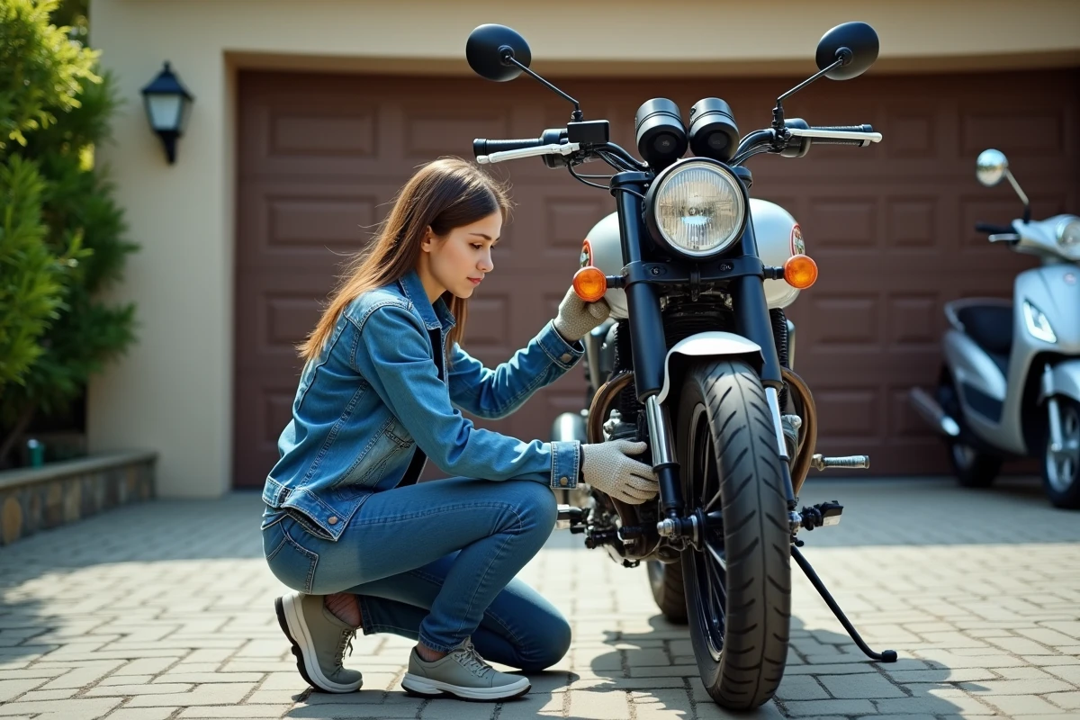Jeune femme inspectant le pneu de sa moto dans une cour résidentielle