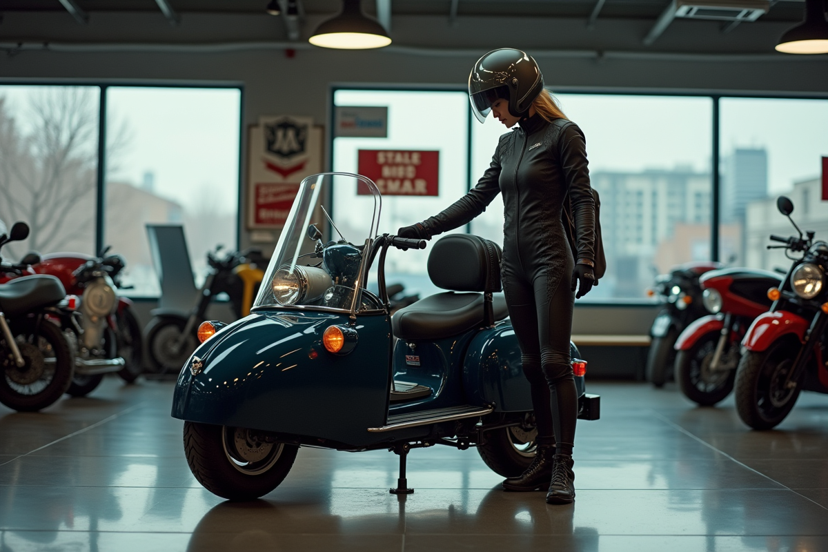 Jeune femme inspectant un sidecar scooter en concession