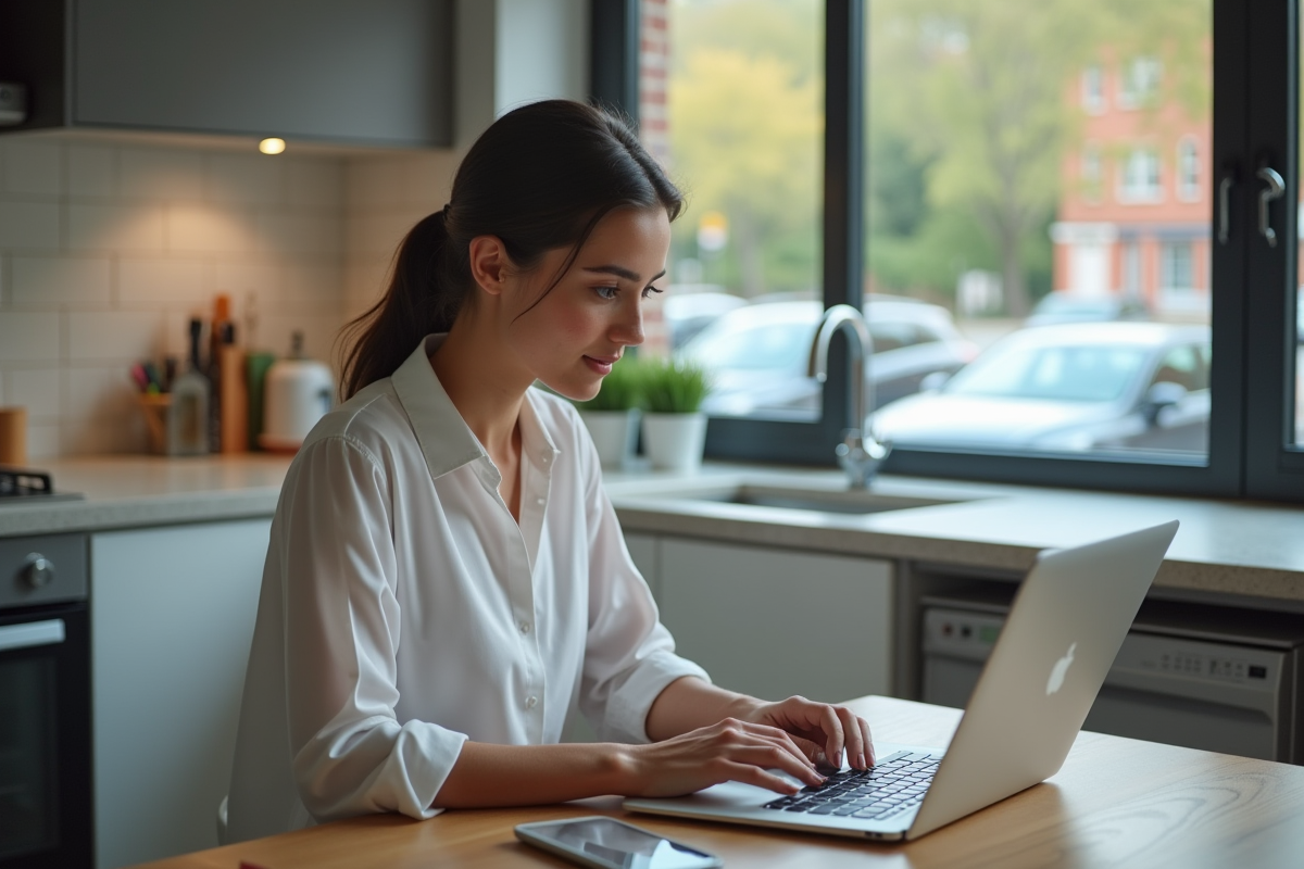 Femme utilisant un ordinateur dans sa cuisine
