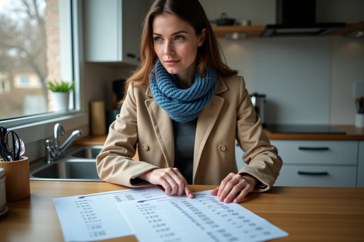 Femme vérifie ses papiers de voiture dans la cuisine