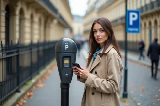 Femme utilisant l'application PayByPhone sur son smartphone devant un horodateur parisien en automne