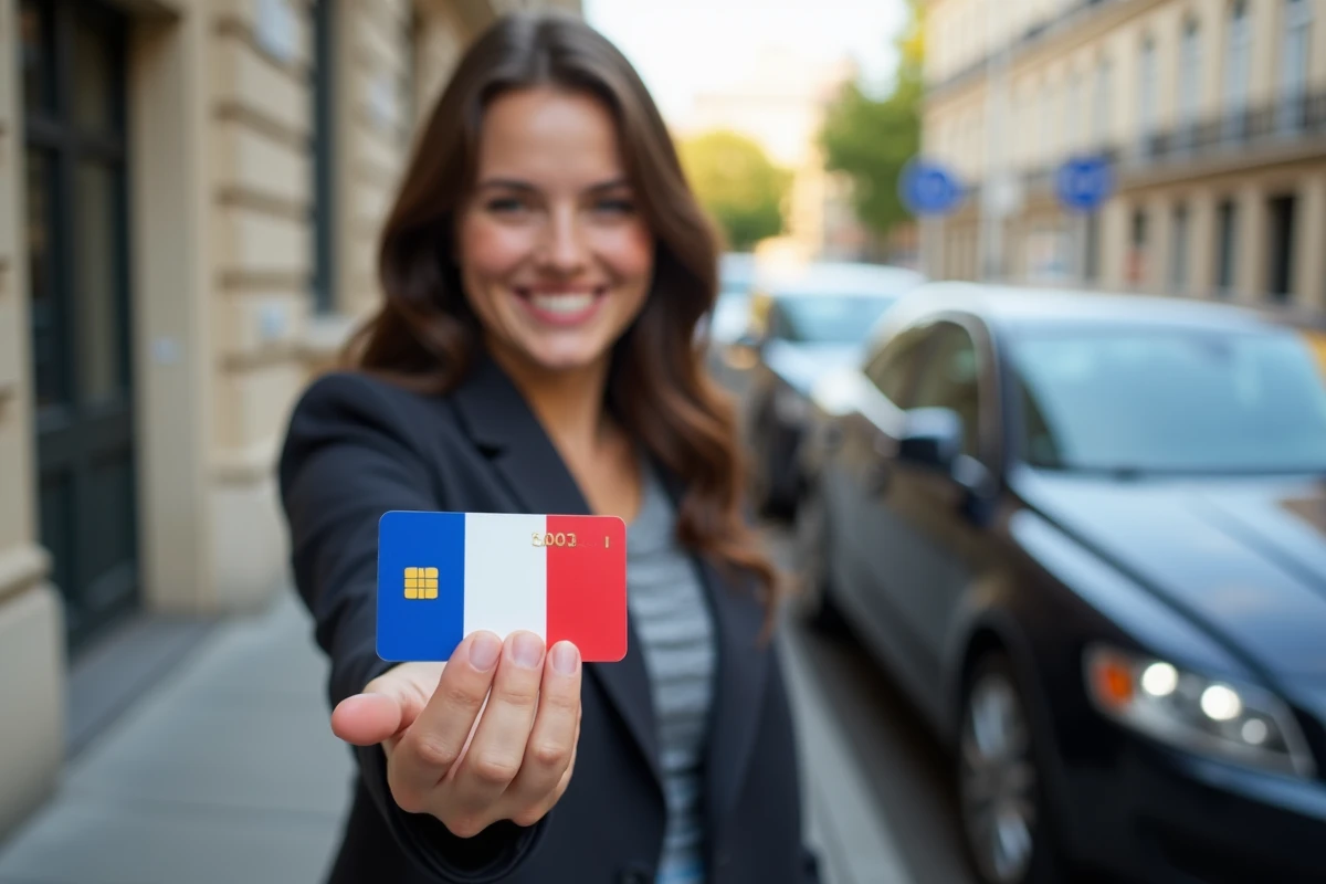 Femme souriante tenant son permis de conduire en ville