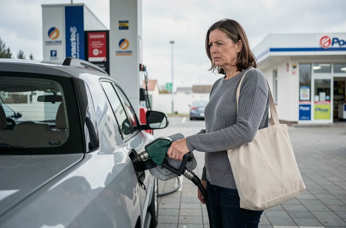 Femme faisant le plein de carburant diesel dans une station-service avec une expression préoccupée
