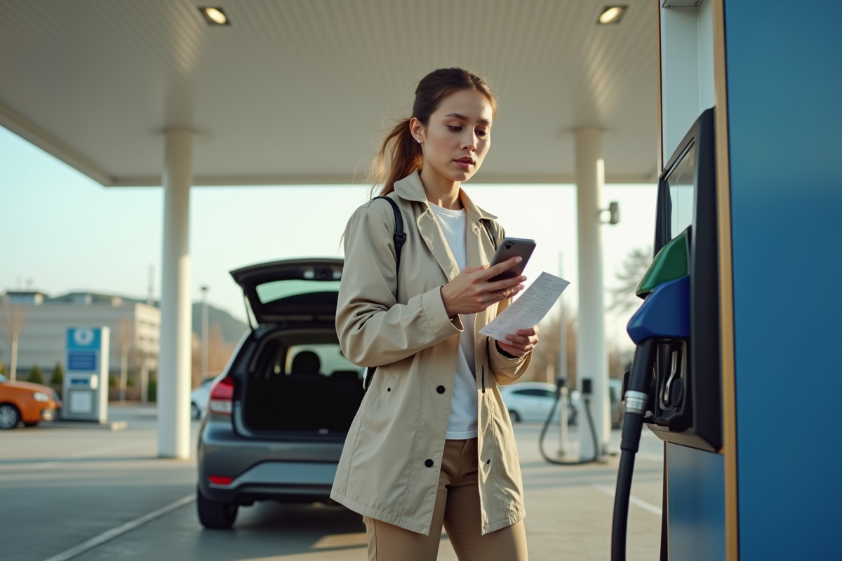 Femme faisant le plein de sa voiture à la station essence