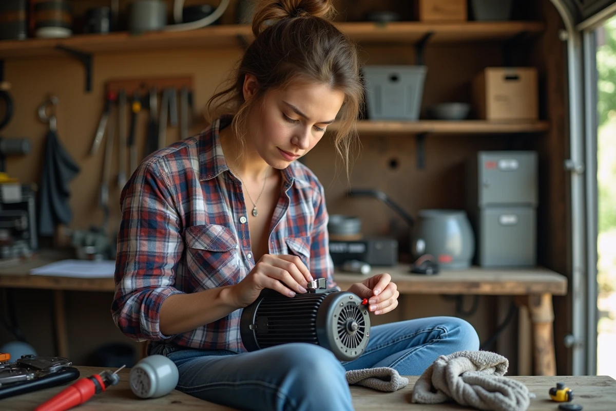 Femme répare un capacitor dans un garage pratique