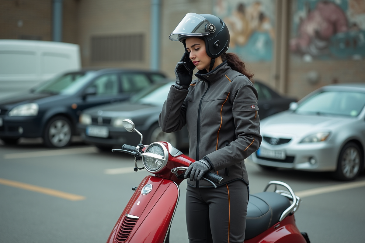 Femme en tenue de moto parle au téléphone près de son scooter en ville