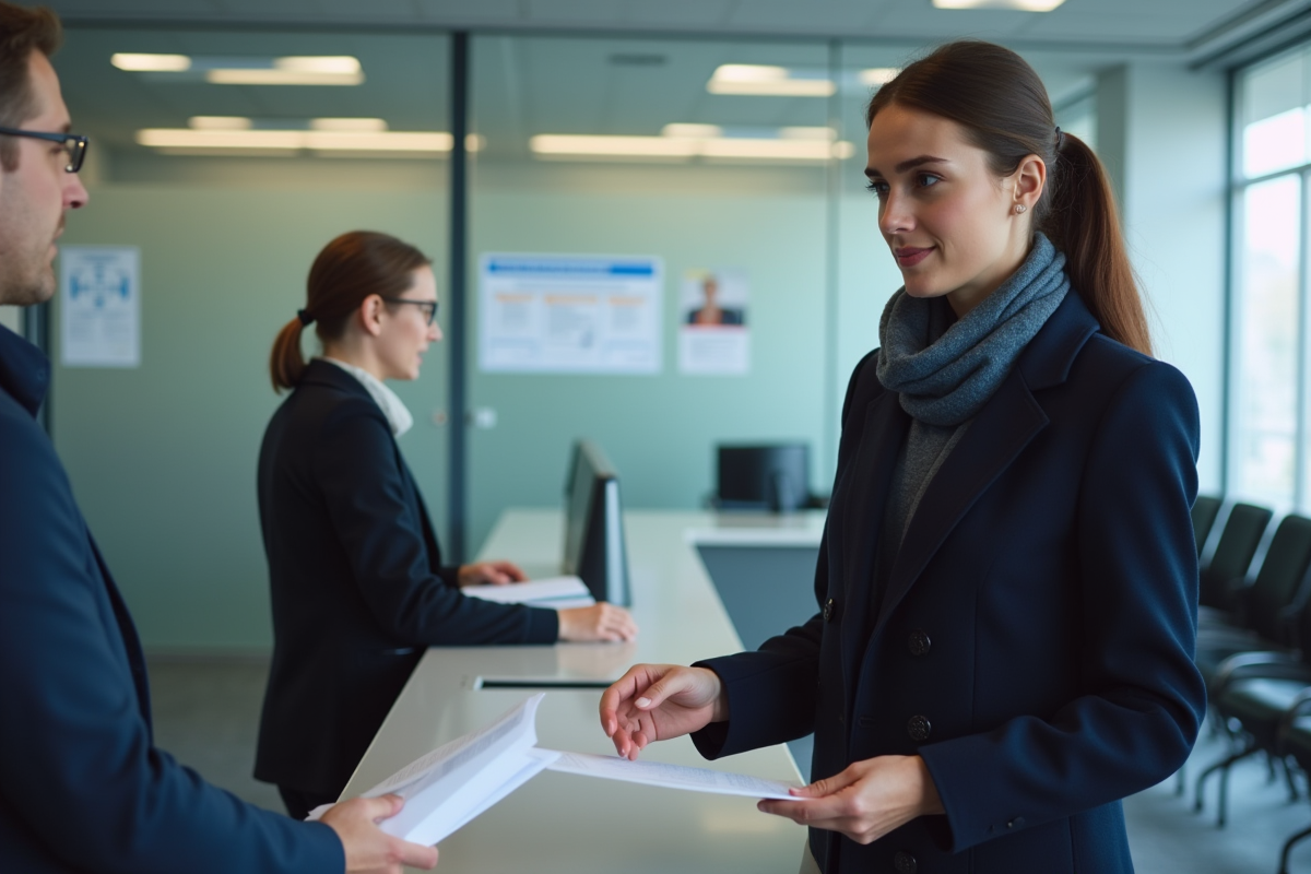 Jeune femme en manteau navy remet des documents à un agent