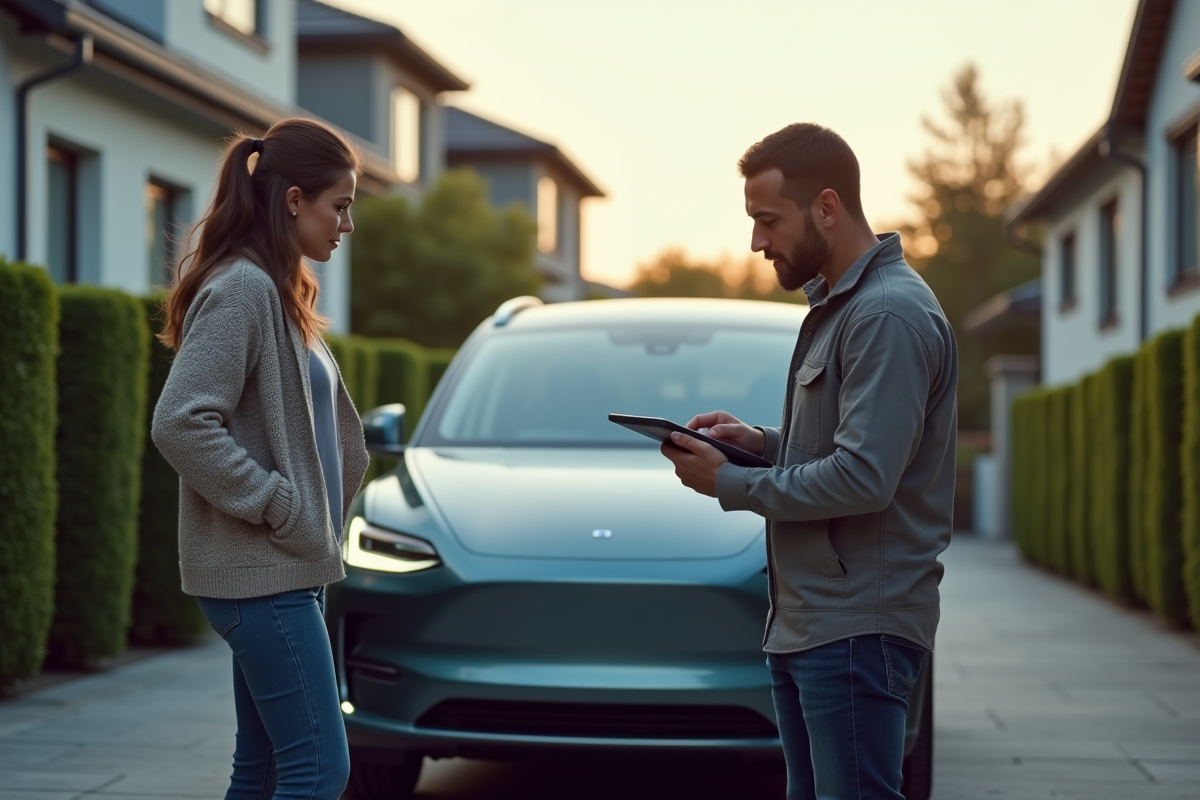 Femme explique options de batterie sur tablette devant SUV électrique