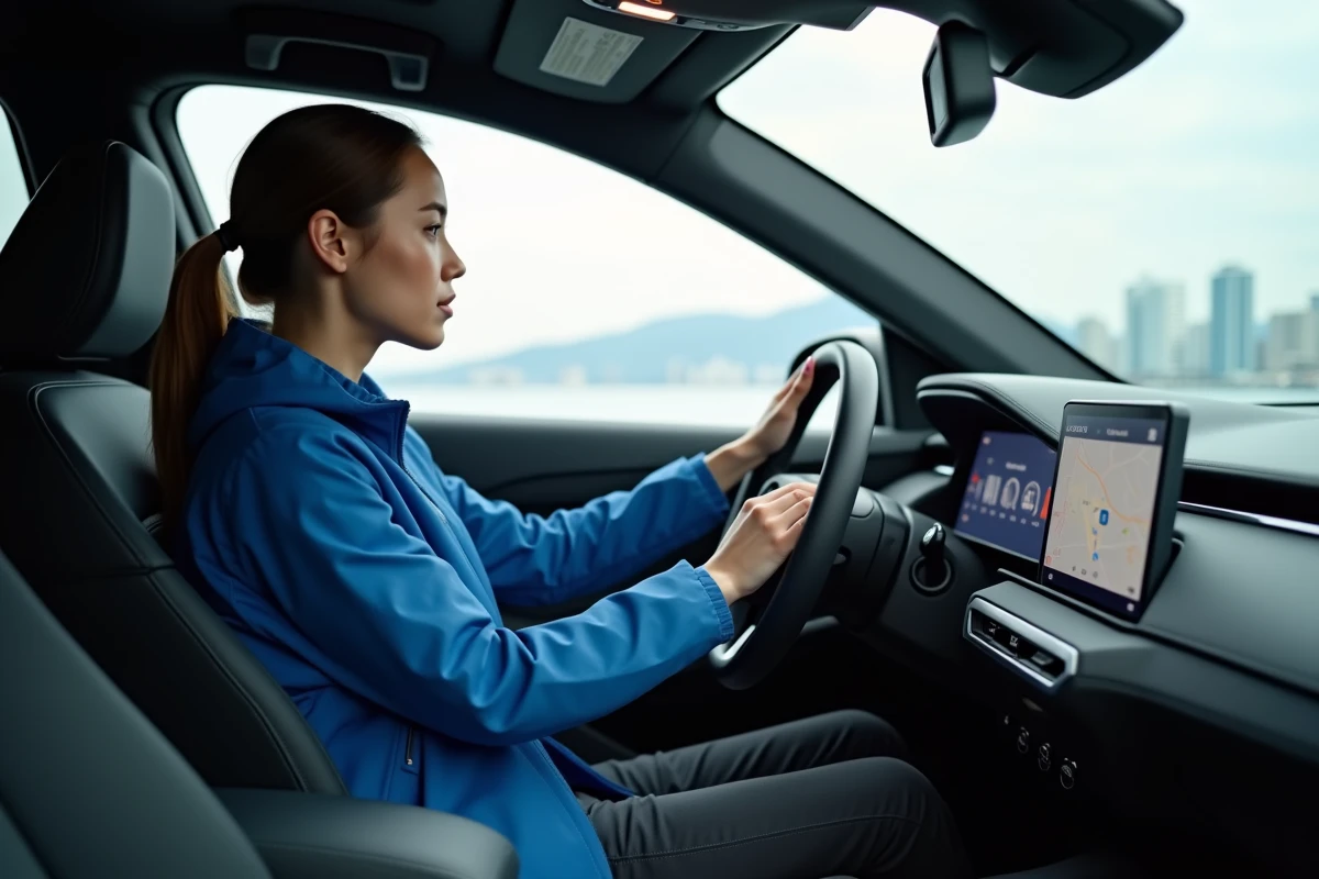 Jeune femme dans SUV moderne utilisant le tableau de bord
