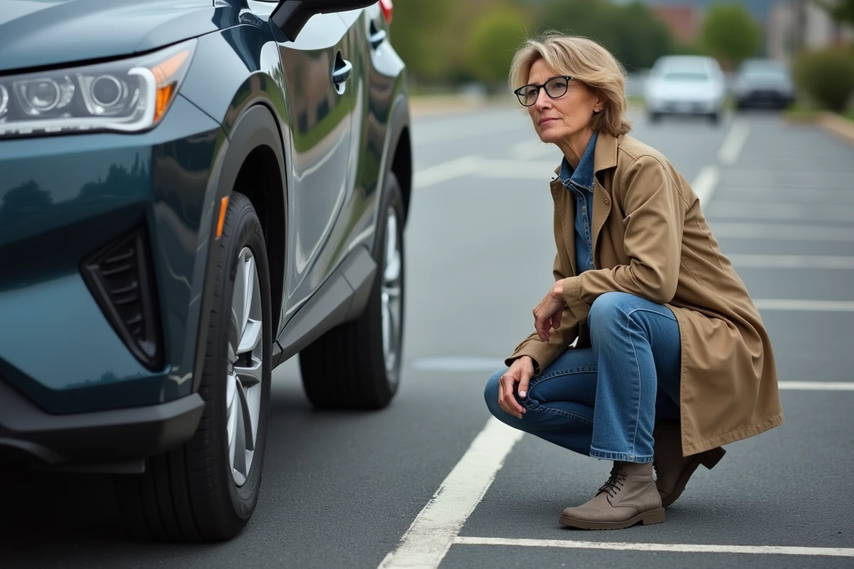 Femme vérifie la taille du pneu de son SUV en extérieur