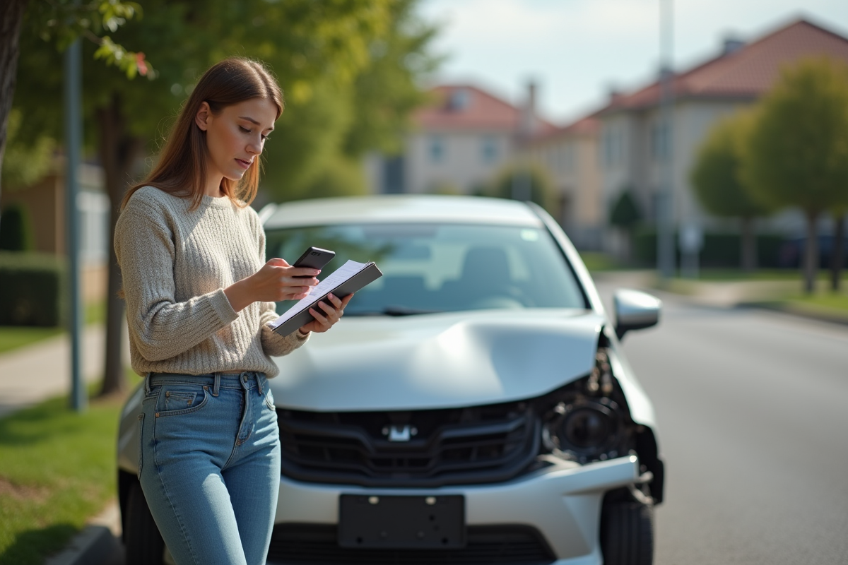 Femme regardant une voiture endommagee en banlieue