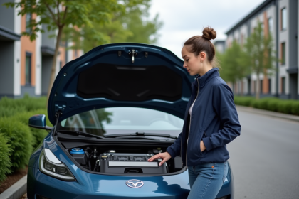 Jeune femme examine une batterie de voiture électrique en extérieur