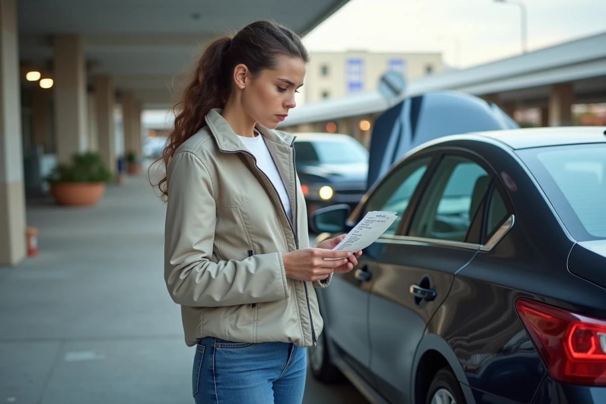 Jeune femme vérifie un reçu de carburant devant sa voiture