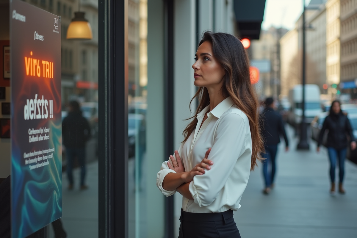Femme regardant un poster de sortie R9 devant un magasin