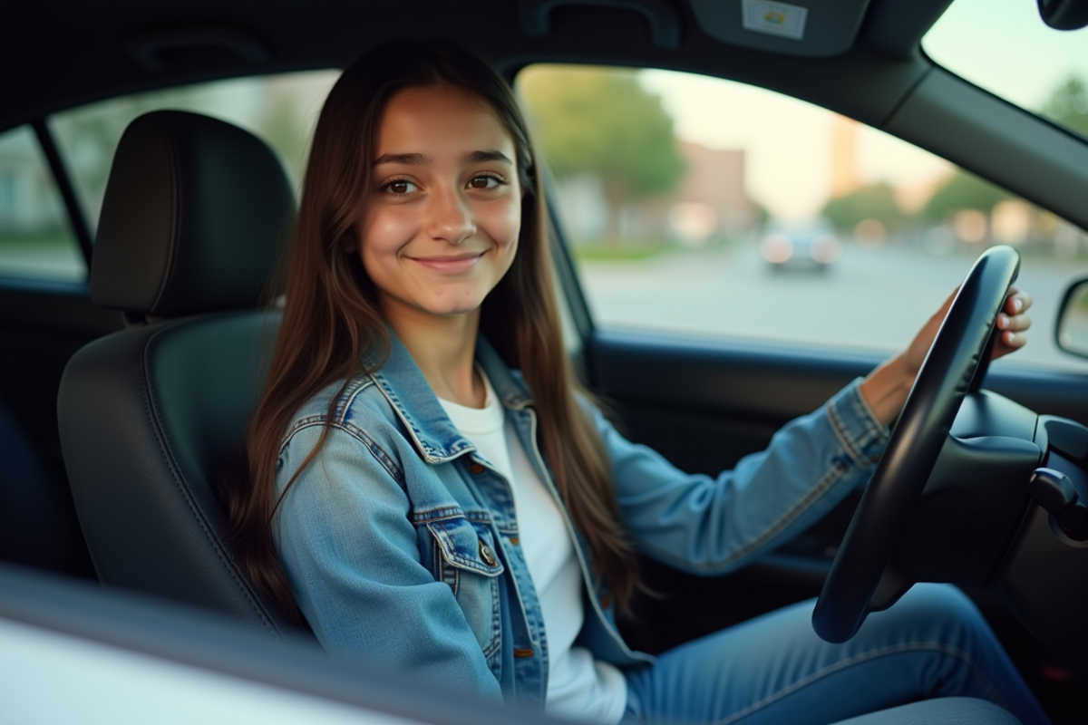 Fille concentrée derrière le volant dans l’intérieur de la voiture