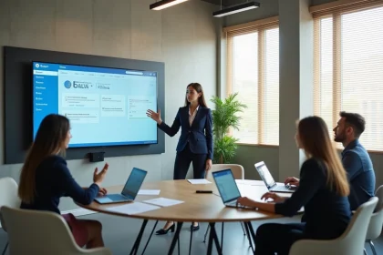 Formation logiciel Dialogys en entreprise : formatrice présentant l'interface à une équipe réunie autour d'une table de réunion moderne