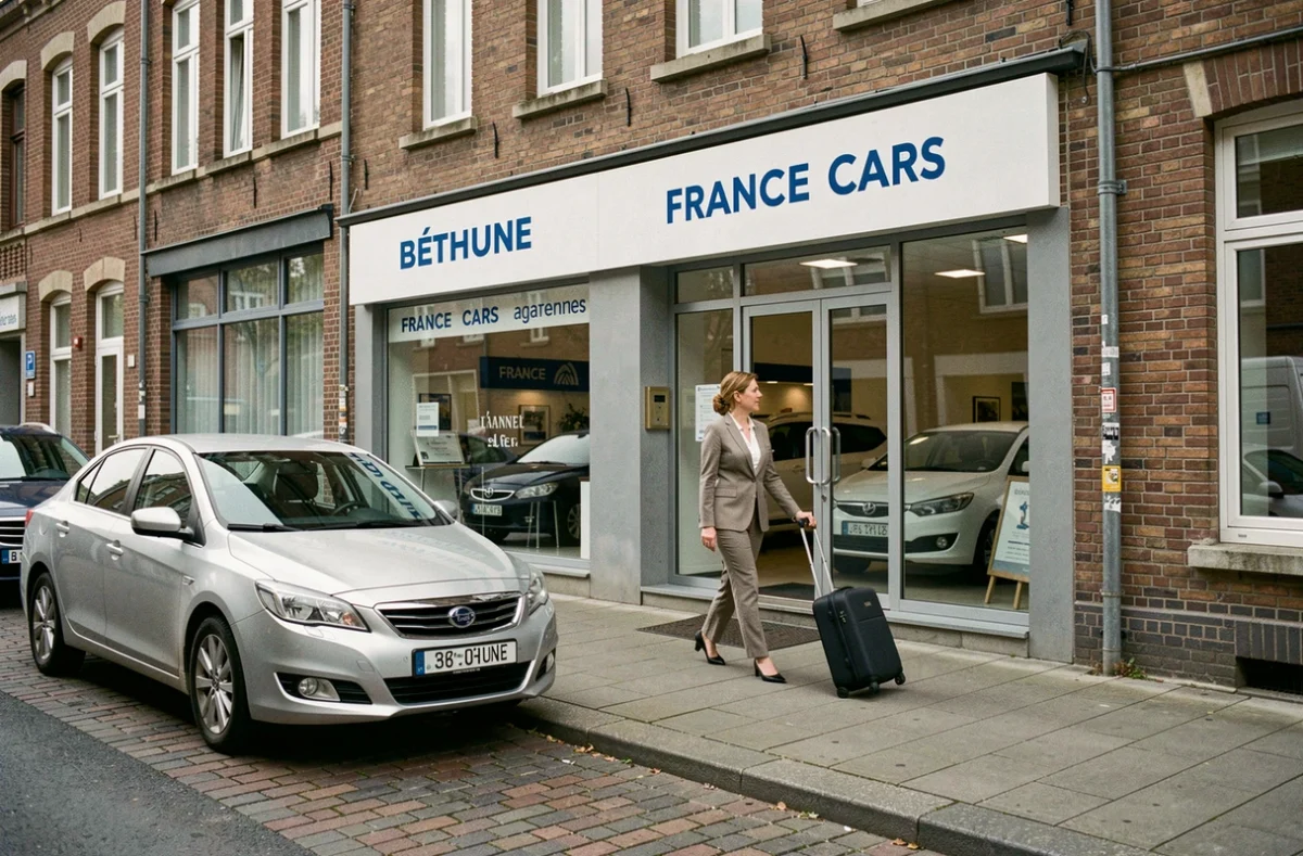 Façade de l'agence France Cars à Béthune avec une cliente approchant de l'entrée et une berline garée devant