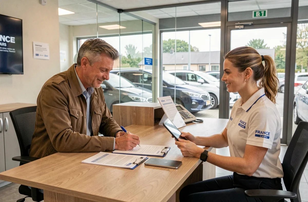 Client signant un contrat de location à l'agence France Cars de Hénin-Beaumont face à une conseillère en uniforme