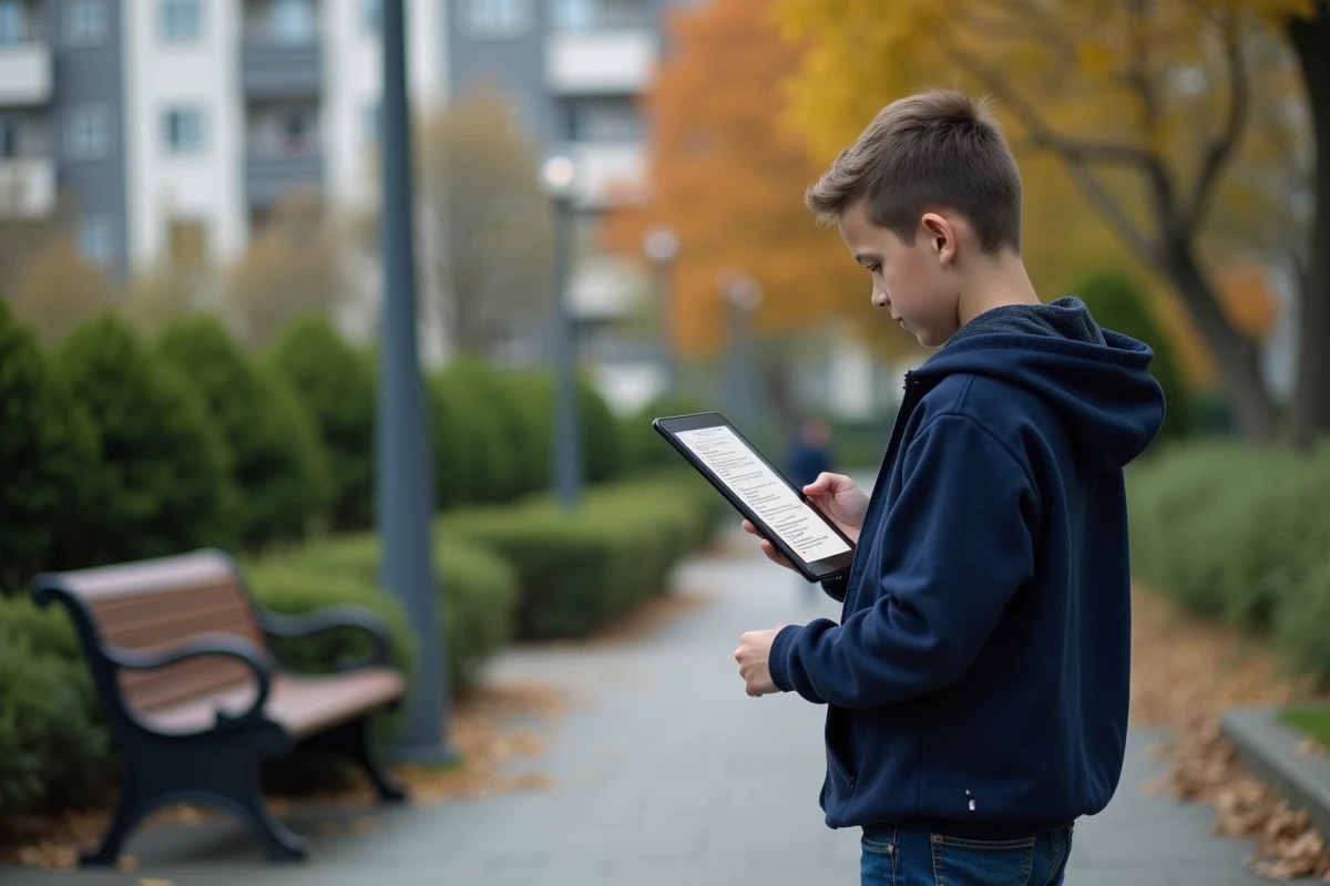 Adolescent en hoodie regarde questions de permis dans un parc