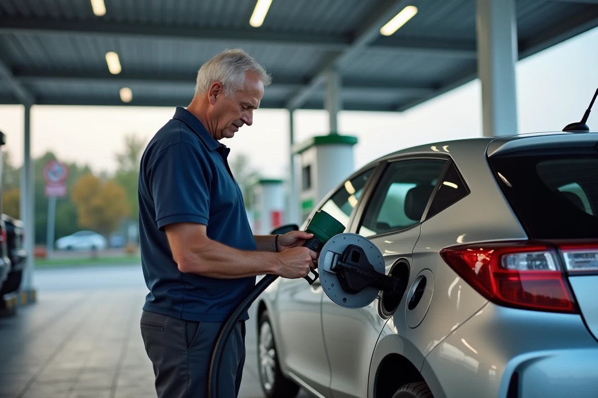 Homme gonflant les pneus d'une Toyota Yaris Hybride à une station-service avec une borne de gonflage numérique