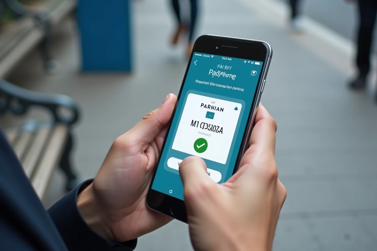 Gros plan sur un smartphone confirmant un paiement de stationnement via PayByPhone dans Paris