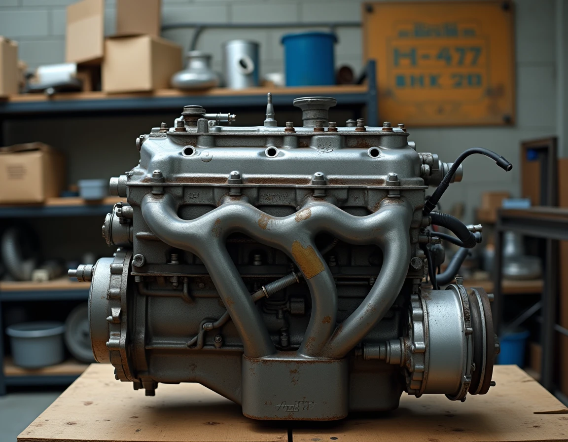 Gros plan sur un moteur diesel BMW M47 posé sur un établi d'atelier avec culasse et couvre-distribution visibles