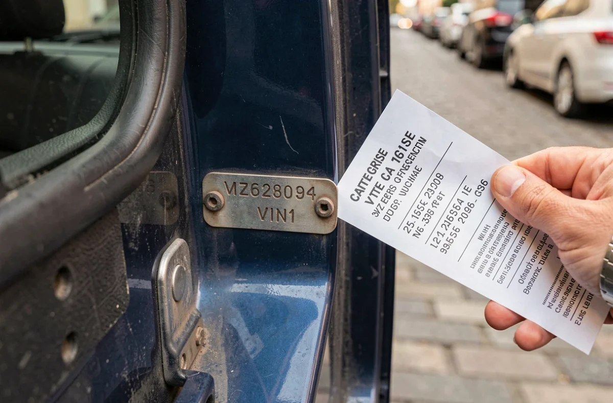 Gros plan sur la plaque VIN dans le montant de porte d'un SUV comparée à une carte grise papier