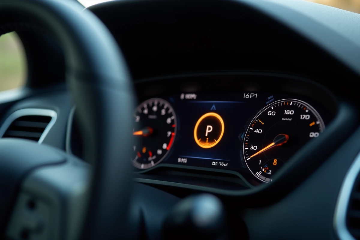 Gros plan sur un voyant orange rond allumé sur le tableau de bord numérique d'une Peugeot 3008