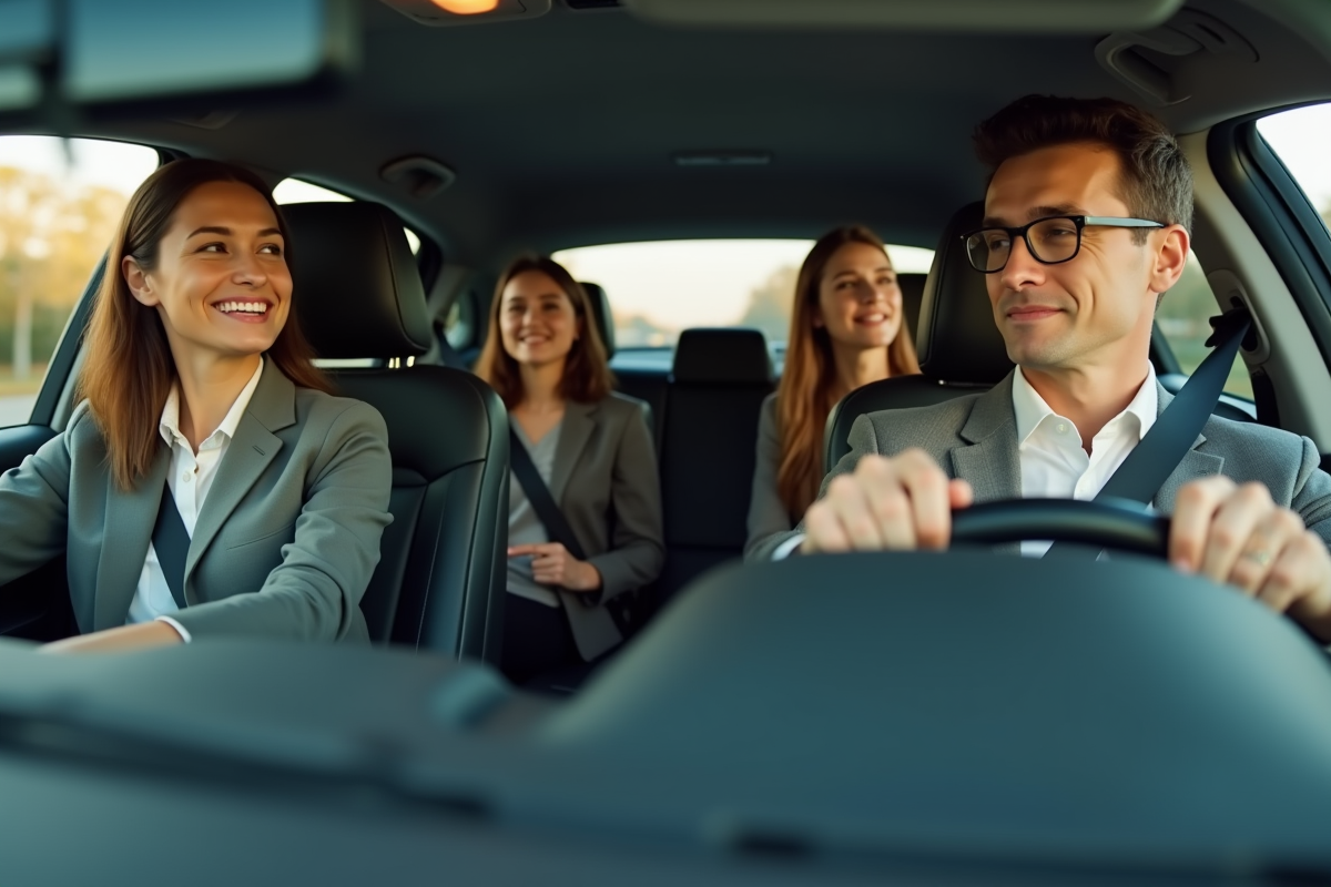Groupe de quatre adultes en voiture en covoiturage