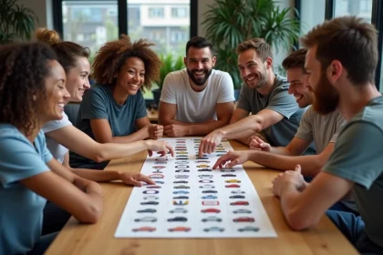 Groupe d'adultes souriants autour d'un quiz de logos de voitures