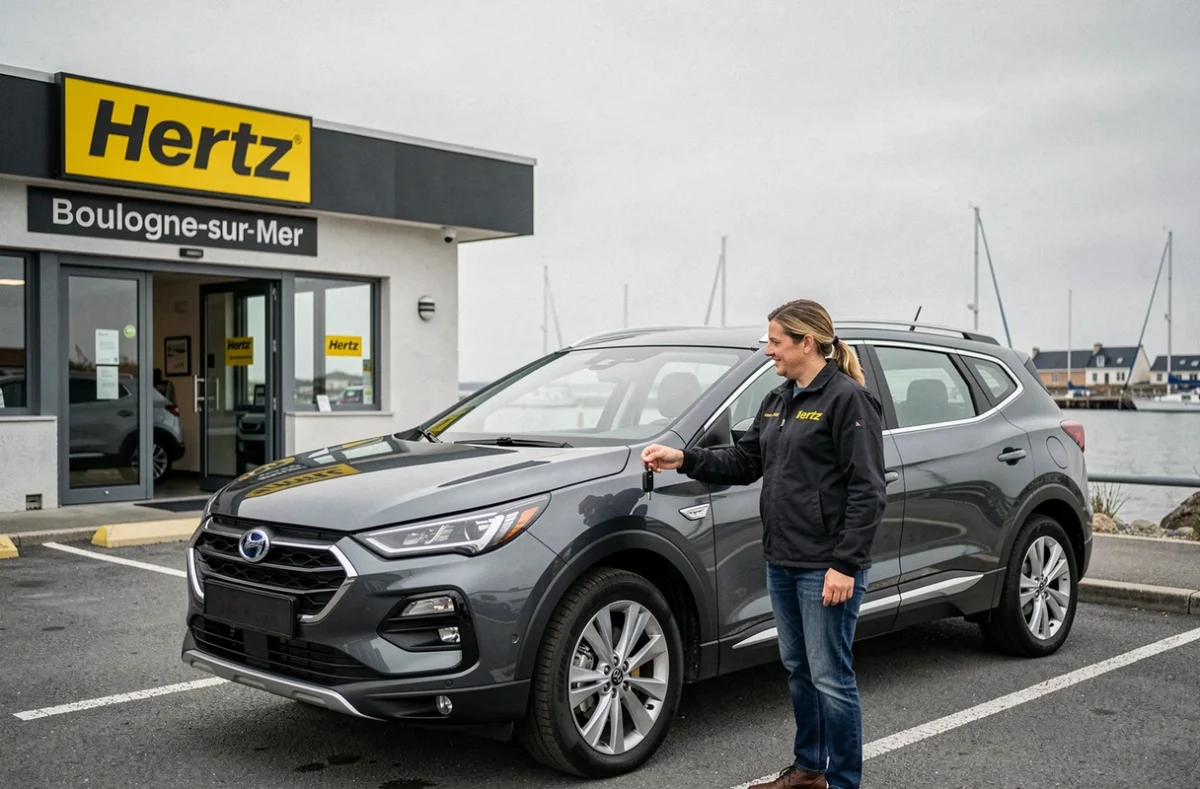 Agent Hertz remettant les clés d'un SUV de location à une cliente dans le parking de l'agence Hertz de Boulogne-sur-Mer