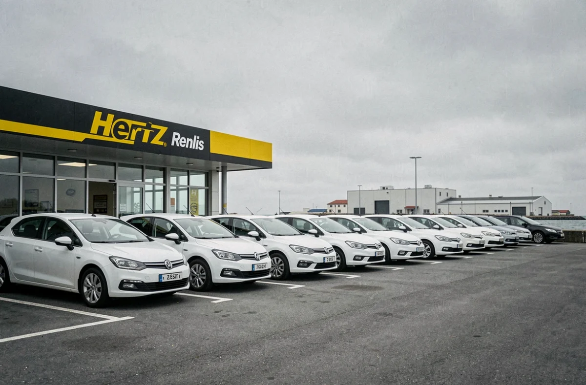Parking de l'agence Hertz à Calais avec des véhicules de location alignés devant l'enseigne jaune et noire, proche du port
