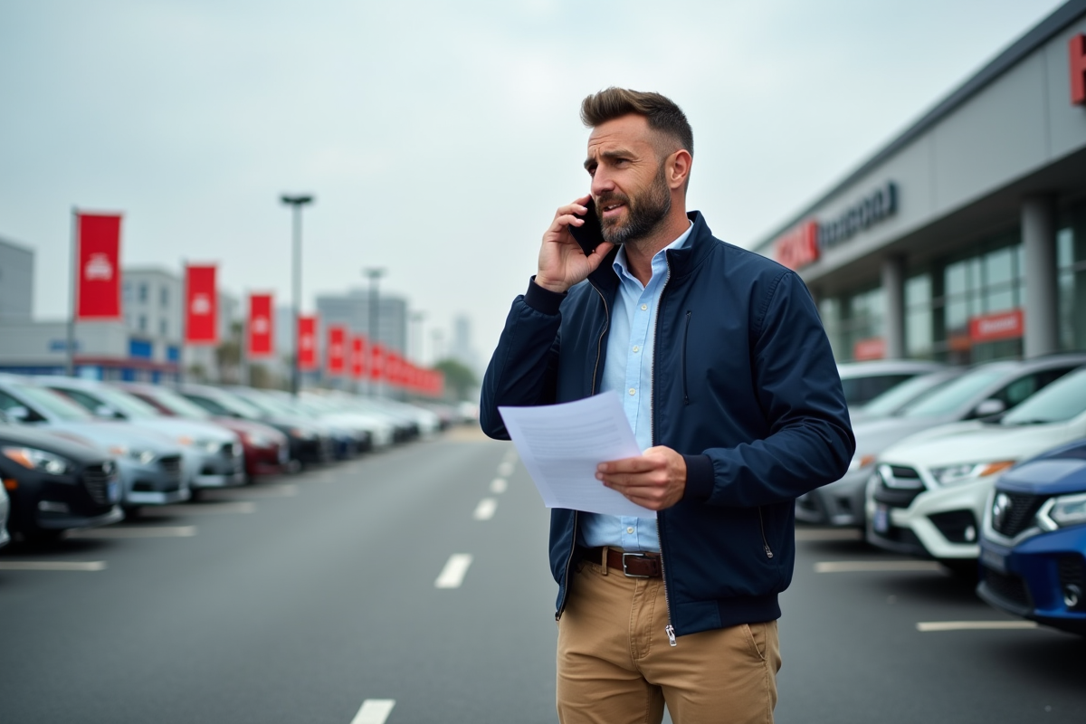 Homme discutant au téléphone avec documents de voiture dans un parking