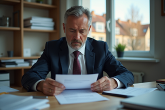 Homme d'affaires sérieux examinant une lettre automobile