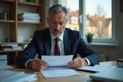 Homme d'affaires sérieux examinant une lettre automobile