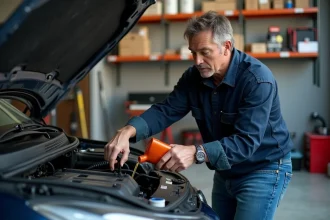 Homme en chemise de travail verse huile moteur dans une voiture