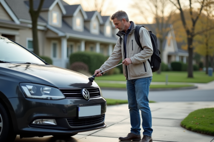 Homme appliquant traitement antipollution sur une voiture