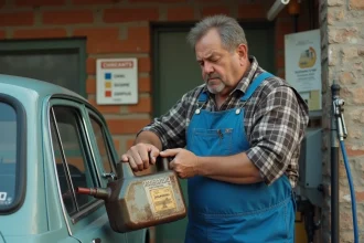 Homme en overalls verse du carburant dans une voiture