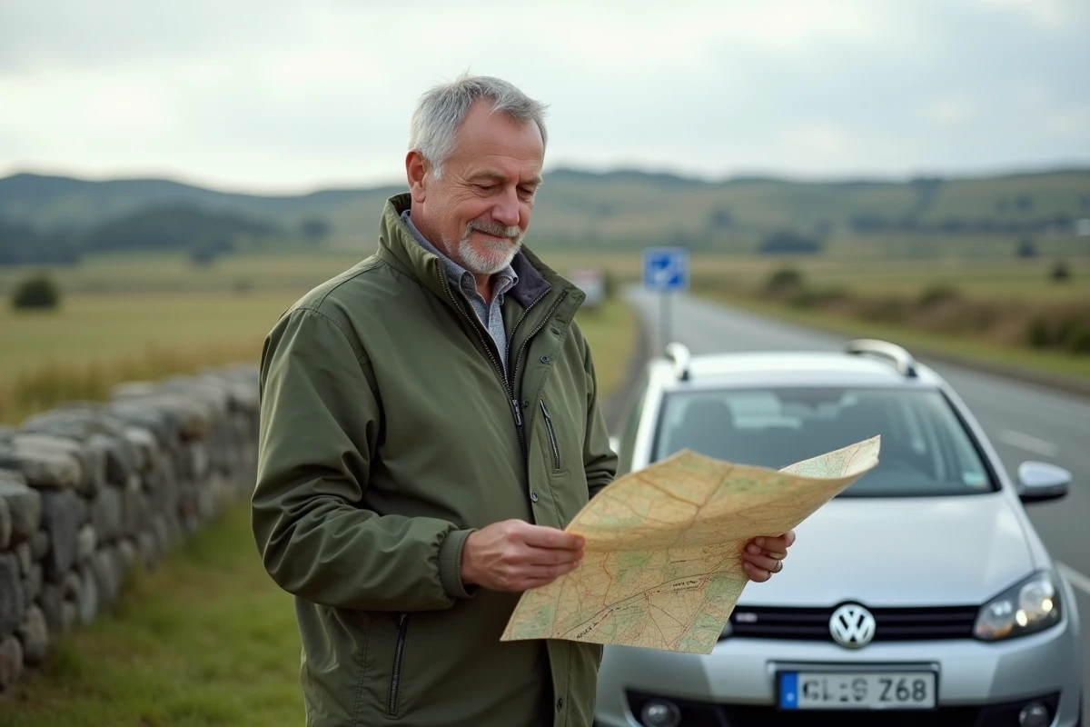 Homme debout près de sa voiture consultant une carte des autoroutes françaises dans une aire de repos
