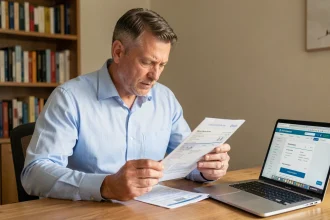 Homme examinant une carte grise à son bureau avec un ordinateur portable ouvert sur un site administratif