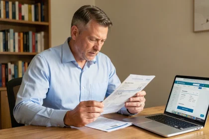 Homme examinant une carte grise à son bureau avec un ordinateur portable ouvert sur un site administratif