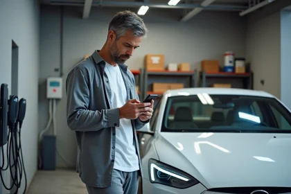 Homme d'âge moyen configure une application de recharge électrique